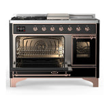 ILVE UM48FSNR3BKPLP Majestic III 48 inch Dual Fuel Range with 5 Black Brass Burners, Griddle and French Top, Dual Function Burner up to 25,000 BTU (Liquid Propane, Triple Glass Door, Glossy Black, Copper)