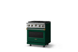 30"W. Open Burner Gas Range (Finish: Ivy, Trim: Brushed Brass, Fuel: Propane)