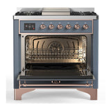 ILVE UM36FNR3BGPLP Majestic III 36 inch Dual Fuel Range with 6 Black Brass Burners and Griddle, Dual Function Burner up to 25,000 BTU (Triple Glass Door, Blue Grey, Copper, Liquid Propane)