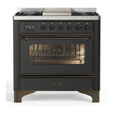 ILVE UM36FNR3MGB Majestic III 36 inch Dual Fuel Range with 6 Black Brass Burners and Griddle, Dual Function Burner up to 25,000 BTU (Triple Glass Door, Graphite Matte, Burnished, Natural Gas)