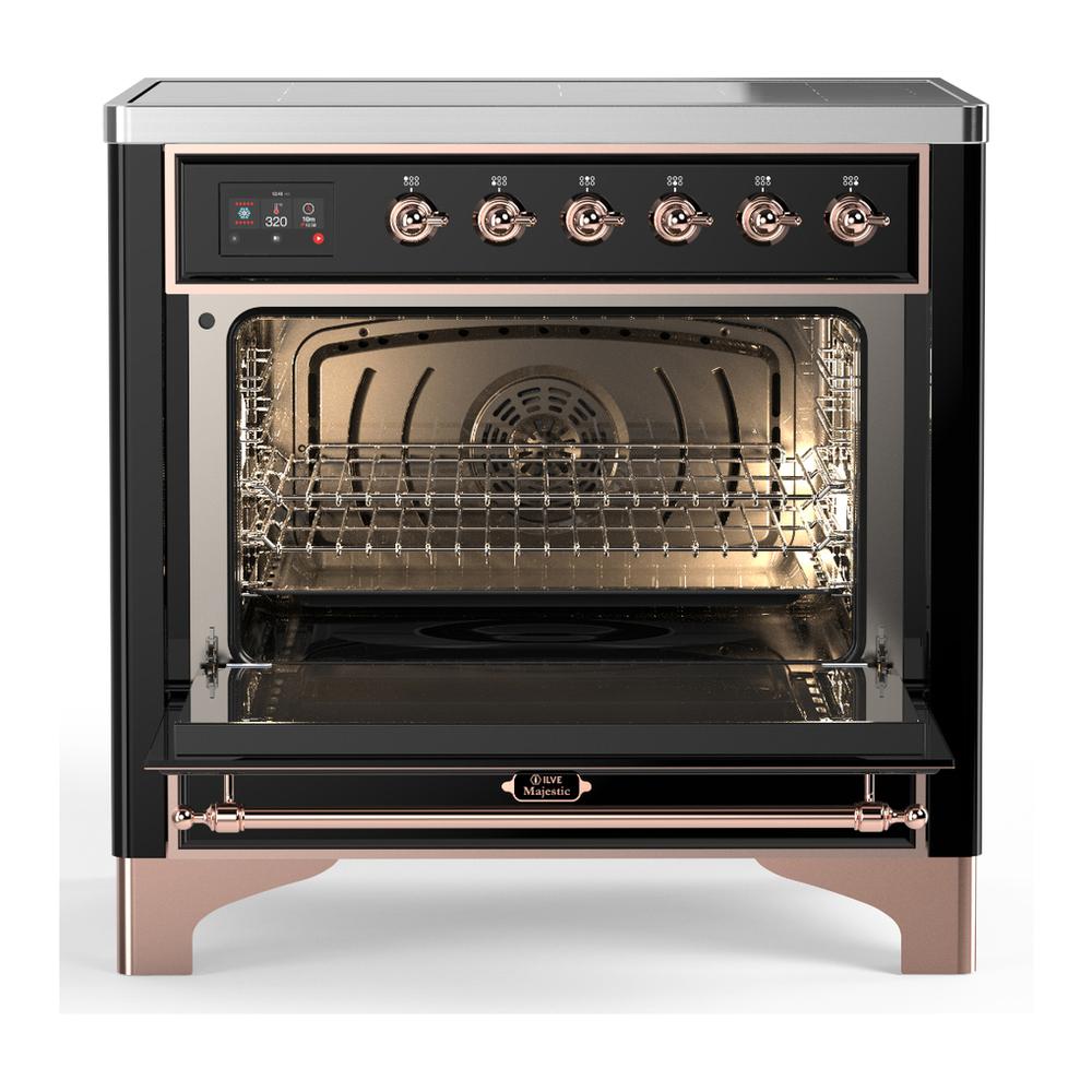 ILVE UMIB36QNR3BKP Majestic III 36 inch Induction Range with 6 Elements, 3.5 cu. ft. Total Oven Capacity (Solid Door, Glossy Black, Copper)