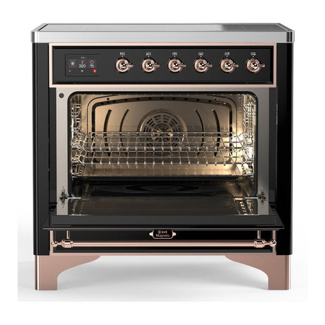 ILVE UMIB36QNR3BKP Majestic III 36 inch Induction Range with 6 Elements, 3.5 cu. ft. Total Oven Capacity (Solid Door, Glossy Black, Copper)