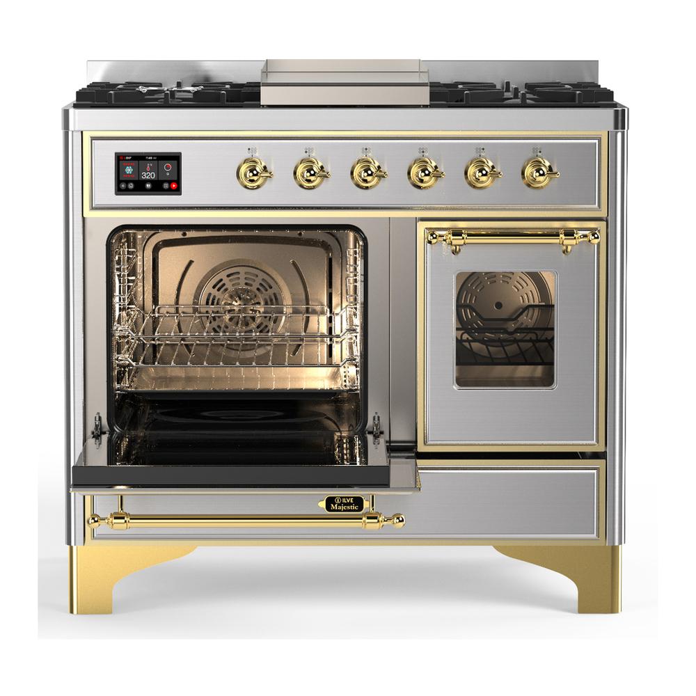 ILVE UMD40FNR3SSGLP Majestic III 40 inch Dual Fuel Range with 6 Burners and Griddle, Dual Function Burner up to 25,000 BTU (Liquid Propane, Triple Glass Door, Stainless Steel, Brass)