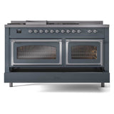 ILVE UN60FSNMPBGC Nostalgie II Noblesse 60 inch Dual Fuel Range (7 Sealed Burners + Griddle + French Top, Natural Gas, Triple Glass Door, Blue Grey, Chrome)