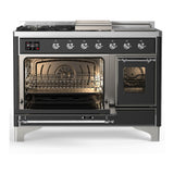 ILVE UM48FSNR3MGC Majestic III 48 inch Dual Fuel Range with 5 Black Brass Burners, Griddle and French Top, Dual Function Burner up to 25,000 BTU (Natural Gas, Triple Glass Door, Graphite Matte, Chrome)