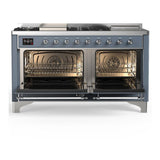 ILVE UM60FSNR3BGCLP Majestic III 60 inch Dual Fuel Range with 7 Burners, Griddle and French Top, Dual Function Burner with up to 25,000 BTU (Liquid Propane, Triple Glass Door, Blue Grey, Chrome)