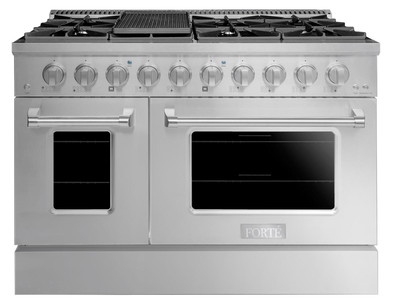FGR488BSS42 48" All Gas Freestanding Range in Stainless Steel with Brass Knob Kit Set and Black Bezel Kit Set