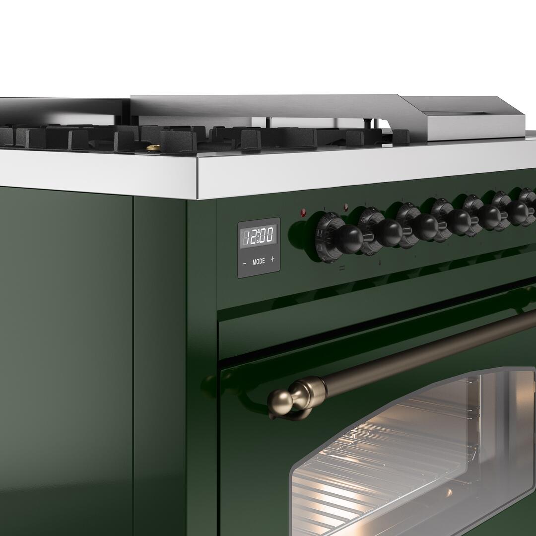 Nostalgie II 48 Inch Dual Fuel Natural Gas Freestanding Range in Emerald Green with Bronze Trim