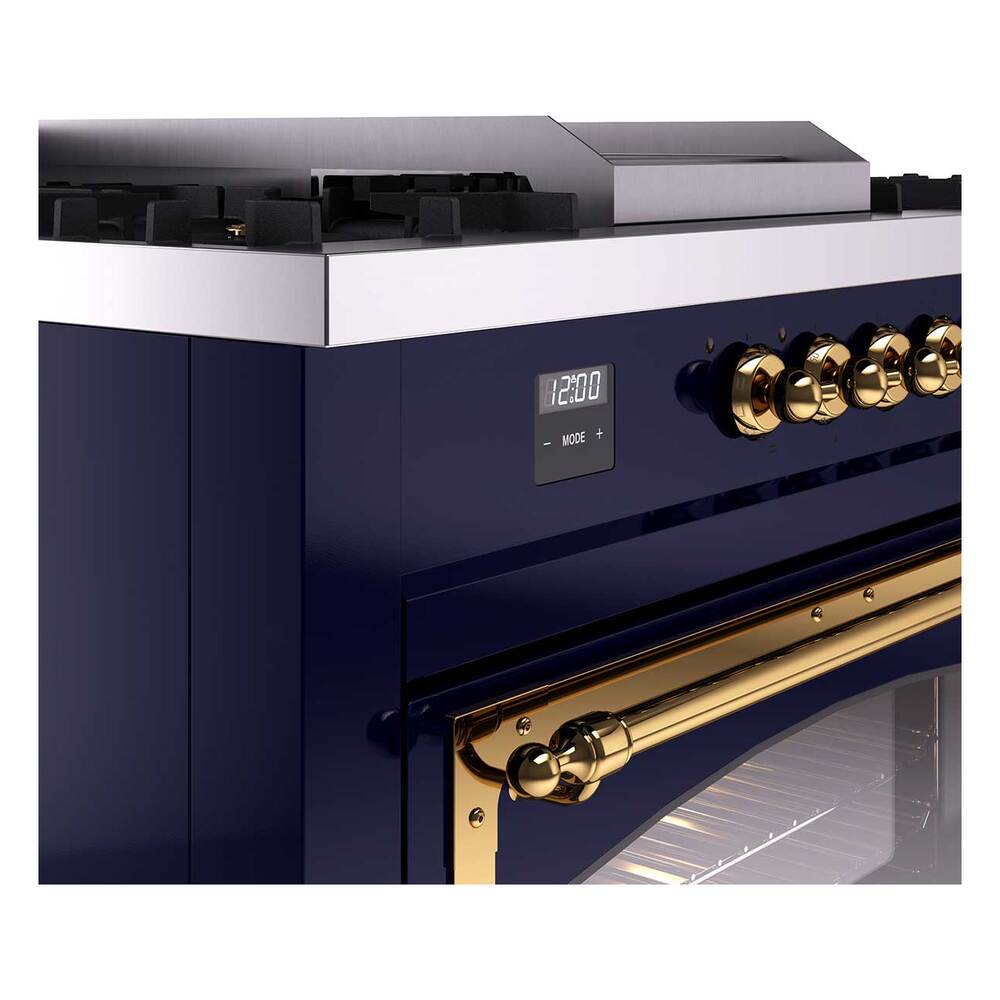 ILVE UN60FSNMPMBGLP Nostalgie II Noblesse 60 inch Dual Fuel Range (7 Sealed Burners + Griddle + French Top, Liquid Propane, Triple Glass Door, Midnight Blue, Brass)