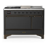 ILVE UM48FSQNR3MGBLP Majestic III 48 inch Dual Fuel Range with 5 Black Brass Burners, Griddle and French Top, Dual Function Burner up to 25,000 BTU (Liquid Propane, Solid Door, Graphite Matte, Burnished)