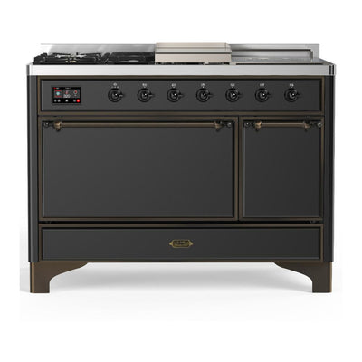 ILVE UM48FSQNR3MGBLP Majestic III 48 inch Dual Fuel Range with 5 Black Brass Burners, Griddle and French Top, Dual Function Burner up to 25,000 BTU (Liquid Propane, Solid Door, Graphite Matte, Burnished)