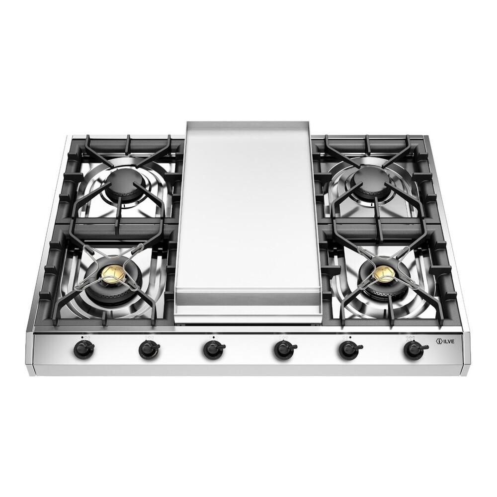 ILVE UHCP965FNSSB Nostalgie II 36 inch Built-In Gas Cooktop with Griddle, in Stainless Steel (Natural Gas, Burnished)