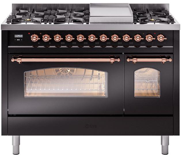 Nostalgie II 48 Inch Dual Fuel Liquid Propane Freestanding Range in Glossy Black with Copper Trim