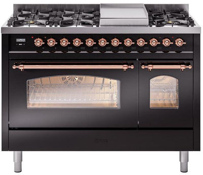 Nostalgie II 48 Inch Dual Fuel Liquid Propane Freestanding Range in Glossy Black with Copper Trim