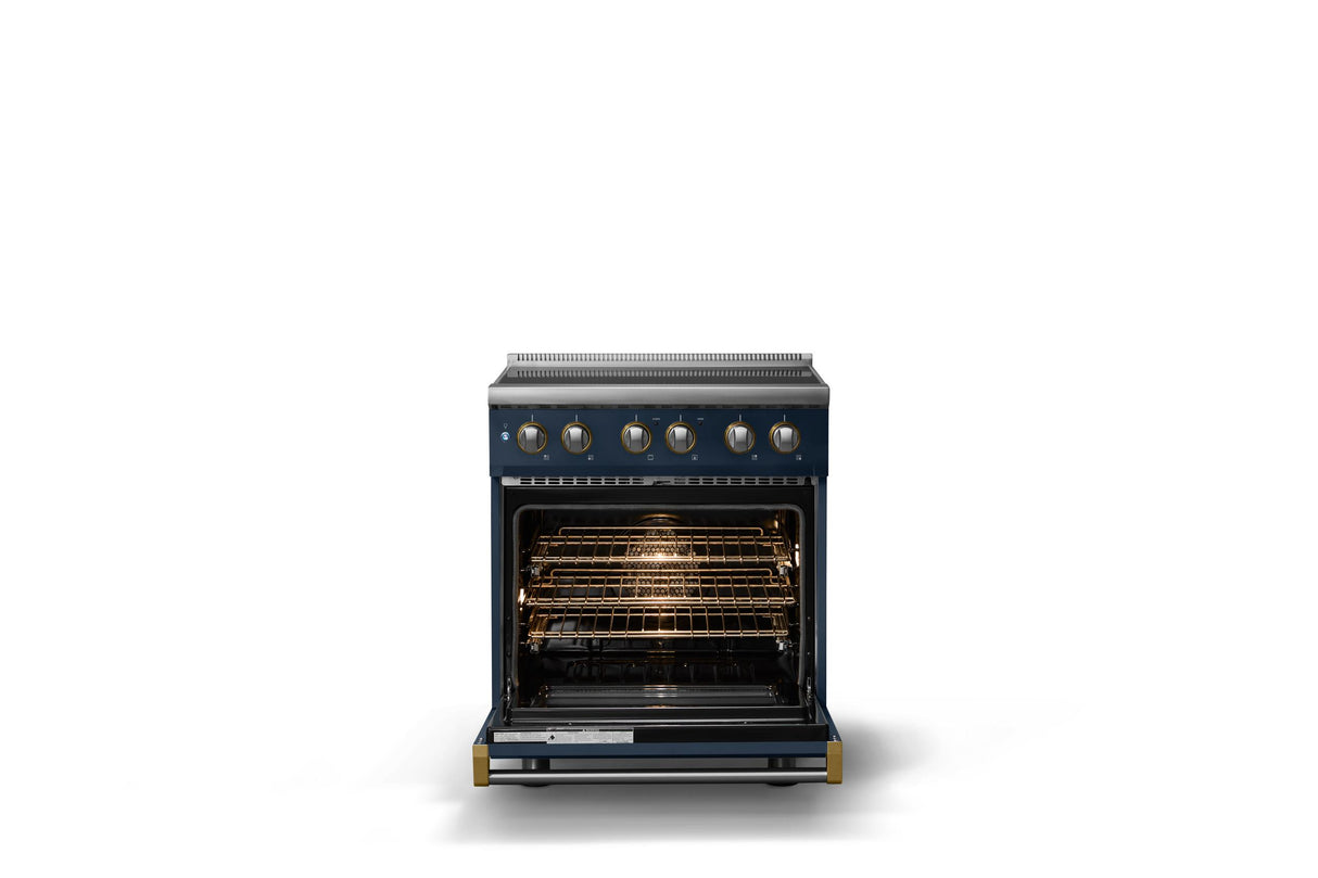 30"W. Induction Range (Finish: Slate Blue, Trim: Brushed Brass)