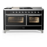 ILVE UM60FSNR3BKCLP Majestic III 60 inch Dual Fuel Range with 7 Burners, Griddle and French Top, Dual Function Burner with up to 25,000 BTU (Liquid Propane, Triple Glass Door, Glossy Black, Chrome)