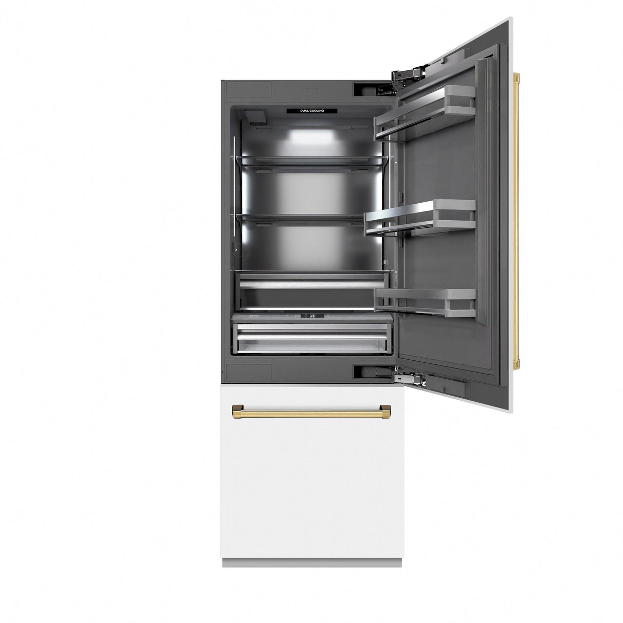 ZLINE Autograph Edition 30 in. 16.1 cu. ft. Built-In Bottom Freezer Refrigerator with Water Dispenser and Ice Maker in White Matte with Graphite Gray Interior and Polished Gold Accents (GRBIVZ-WM-30-G)