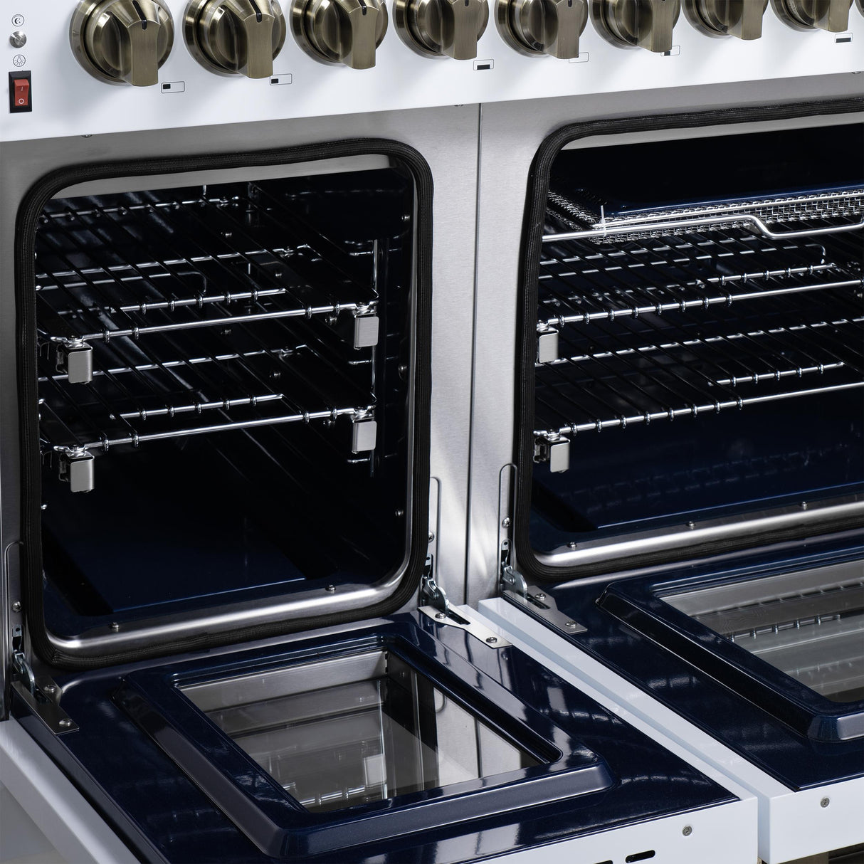 Forno Massimo 48 Inch Freestanding Dual Fuel Range in White with Antique Brass Accessories, 8 Burners, 6.58 cu. ft. Convection Oven