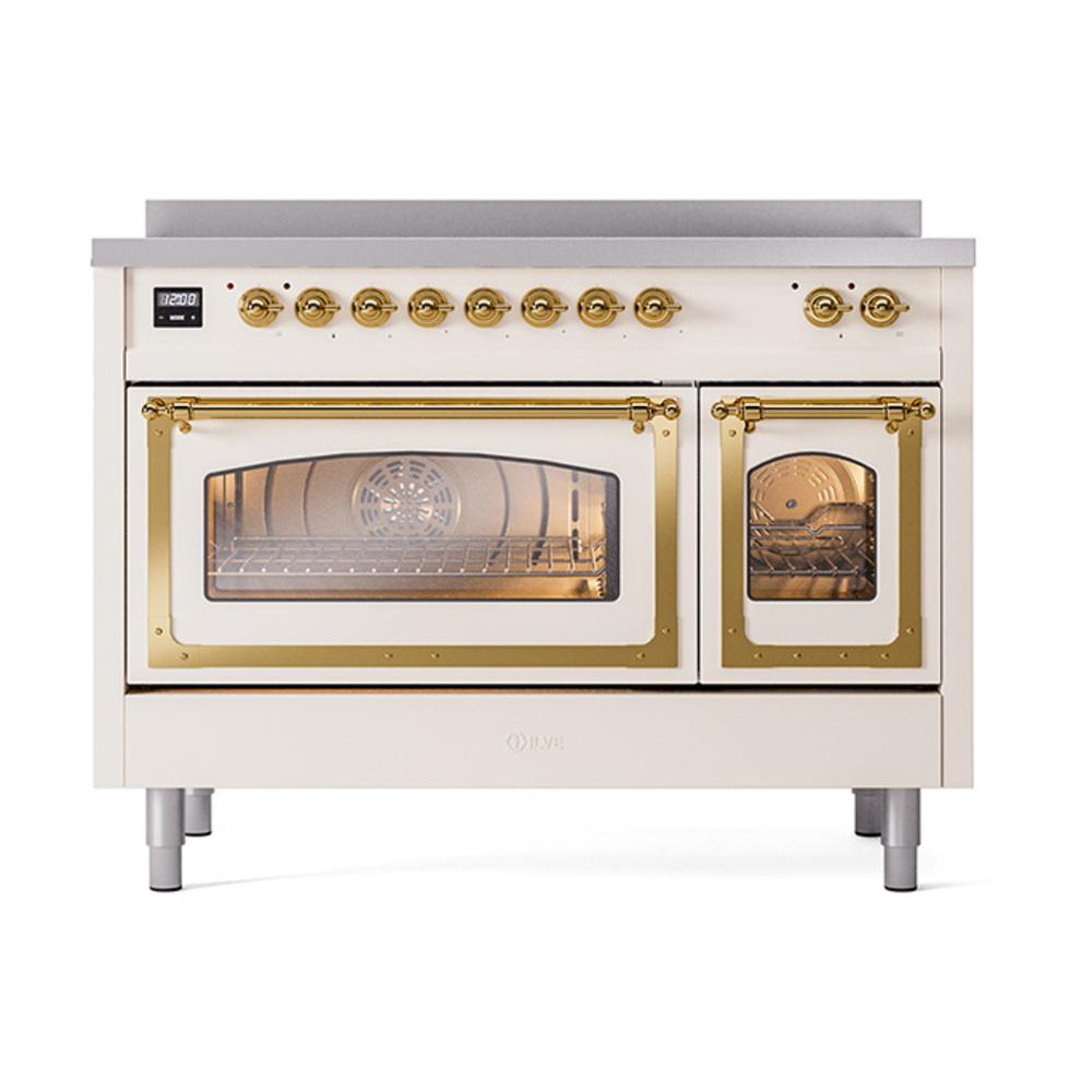 ILVE UNI486NMPAWG Nostalgie II Noblesse 48 inch Induction Range (Triple Glass Door, Antique White, Brass)