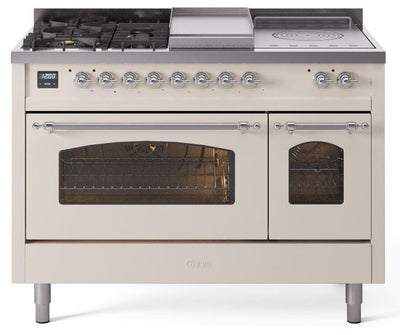 Nostalgie II 48 Inch Dual Fuel Natural Gas Freestanding Range in Antique White with Chrome Trim