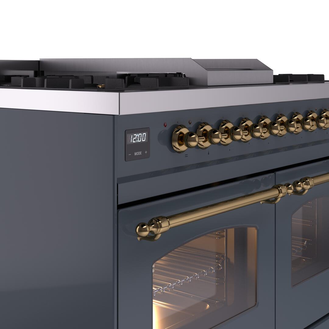 Nostalgie II 40 Inch Dual Fuel Natural Gas Freestanding Range in Blue Grey with Brass Trim
