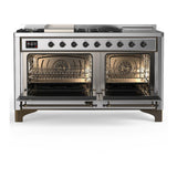 ILVE UM60FSQNR3SSBLP Majestic III 60 inch Dual Fuel Range with 7 Burners, Griddle and French Top, Dual Function Burner with up to 25,000 BTU (Liquid Propane, Solid Door, Stainless Steel, Burnished)