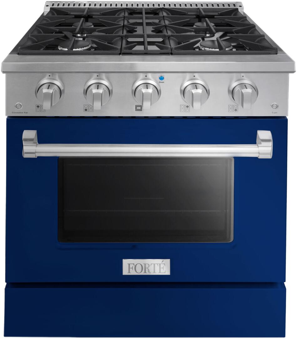 FGR304BBL42 30" All Gas Freestanding Range in Blue with Brass Knob Kit Set and Black Bezel Kit Set