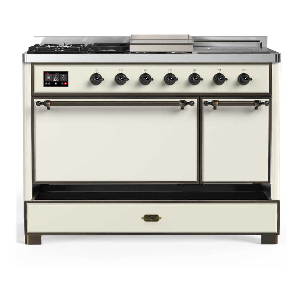 ILVE UM48FSQNR3AWBLP Majestic III 48 inch Dual Fuel Range with 5 Black Brass Burners, Griddle and French Top, Dual Function Burner up to 25,000 BTU (Liquid Propane, Solid Door, Antique White, Burnished)