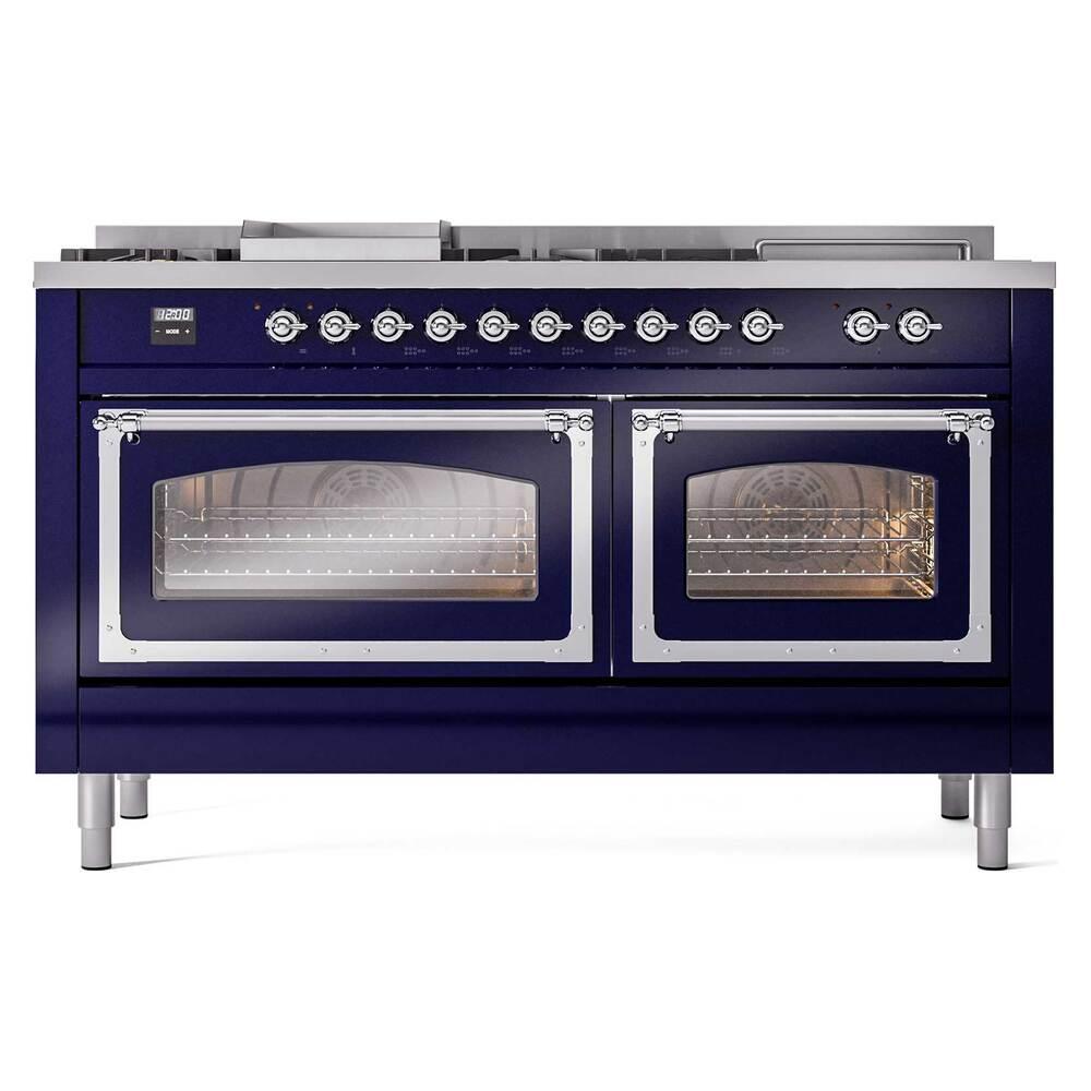 ILVE UN60FSNMPMBCLP Nostalgie II Noblesse 60 inch Dual Fuel Range (7 Sealed Burners + Griddle + French Top, Liquid Propane, Triple Glass Door, Midnight Blue, Chrome)