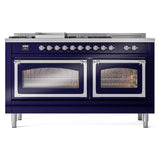 ILVE UN60FSNMPMBCLP Nostalgie II Noblesse 60 inch Dual Fuel Range (7 Sealed Burners + Griddle + French Top, Liquid Propane, Triple Glass Door, Midnight Blue, Chrome)