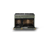 48"W. Dual Fuel Range (Burner: 8b, Finish: Eucalyptus, Trim: Brushed Brass, Fuel: Propane)