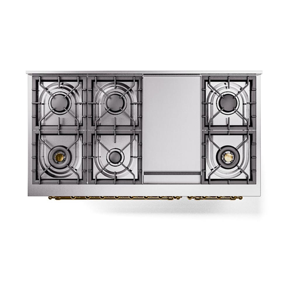 ILVE UN48FNMPAWG Nostalgie II Noblesse 48 inch Dual Fuel Range (8 Sealed Burners + Griddle, Natural Gas, Triple Glass Door, Antique White, Brass)