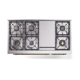 ILVE UN48FNMPAWG Nostalgie II Noblesse 48 inch Dual Fuel Range (8 Sealed Burners + Griddle, Natural Gas, Triple Glass Door, Antique White, Brass)