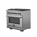 Forno Capriasca 36-Inch Gas Range, Stainless Steel, 6 Brass Burners, 120,000 BTU, Convection Oven, Energy Efficient