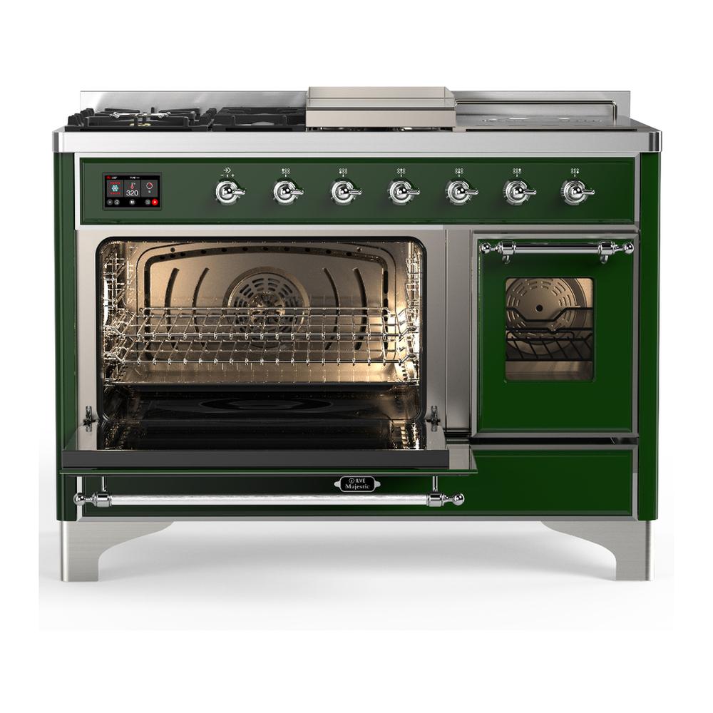 ILVE UM48FSNR3EGC Majestic III 48 inch Dual Fuel Range with 5 Black Brass Burners, Griddle and French Top, Dual Function Burner up to 25,000 BTU (Natural Gas, Triple Glass Door, Emerald Green, Chrome)