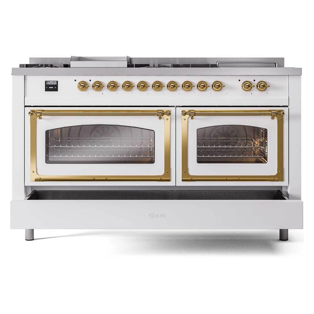 ILVE UN60FSNMPWHG Nostalgie II Noblesse 60 inch Dual Fuel Range (7 Sealed Burners + Griddle + French Top, Natural Gas, Triple Glass Door, White, Brass)