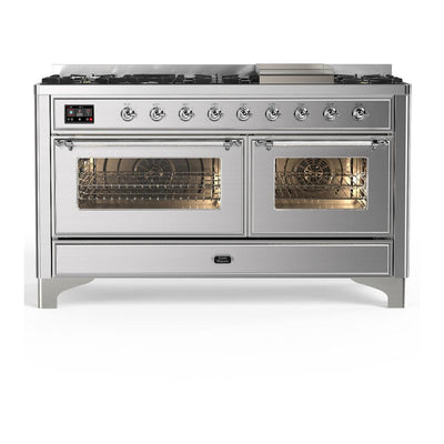 ILVE UM60FNR3SSCLP Majestic III 60 inch Dual Fuel Range with 9 Burners and Griddle, Dual Function Burner up to 25,000 BTU (Liquid Propane, Triple Glass Door, Stainless Steel, Chrome)