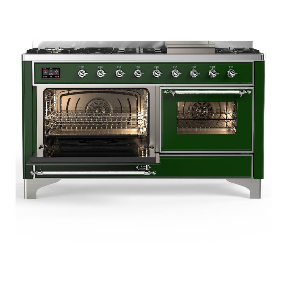 ILVE UM60FNR3EGC Majestic III 60 inch Dual Fuel Range with 9 Burners and Griddle, Dual Function Burner up to 25,000 BTU (Natural Gas, Triple Glass Door, Emerald Green, Chrome)