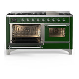 ILVE UM60FNR3EGC Majestic III 60 inch Dual Fuel Range with 9 Burners and Griddle, Dual Function Burner up to 25,000 BTU (Natural Gas, Triple Glass Door, Emerald Green, Chrome)