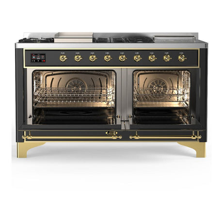 ILVE UM60FSNR3MGGLP Majestic III 60 inch Dual Fuel Range with 7 Burners, Griddle and French Top, Dual Function Burner with up to 25,000 BTU (Liquid Propane, Triple Glass Door, Graphite Matte, Brass)