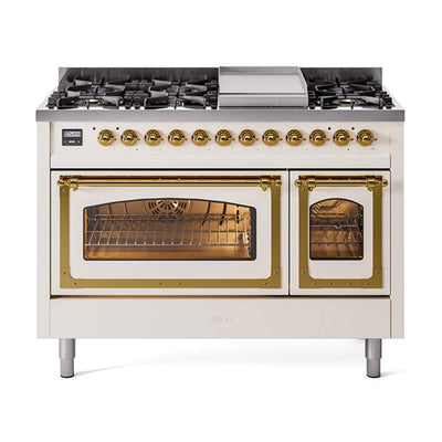ILVE UN48FNMPAWGLP Nostalgie II Noblesse 48 inch Dual Fuel Range (8 Sealed Burners + Griddle, Liquid Propane, Triple Glass Door, Antique White, Brass)