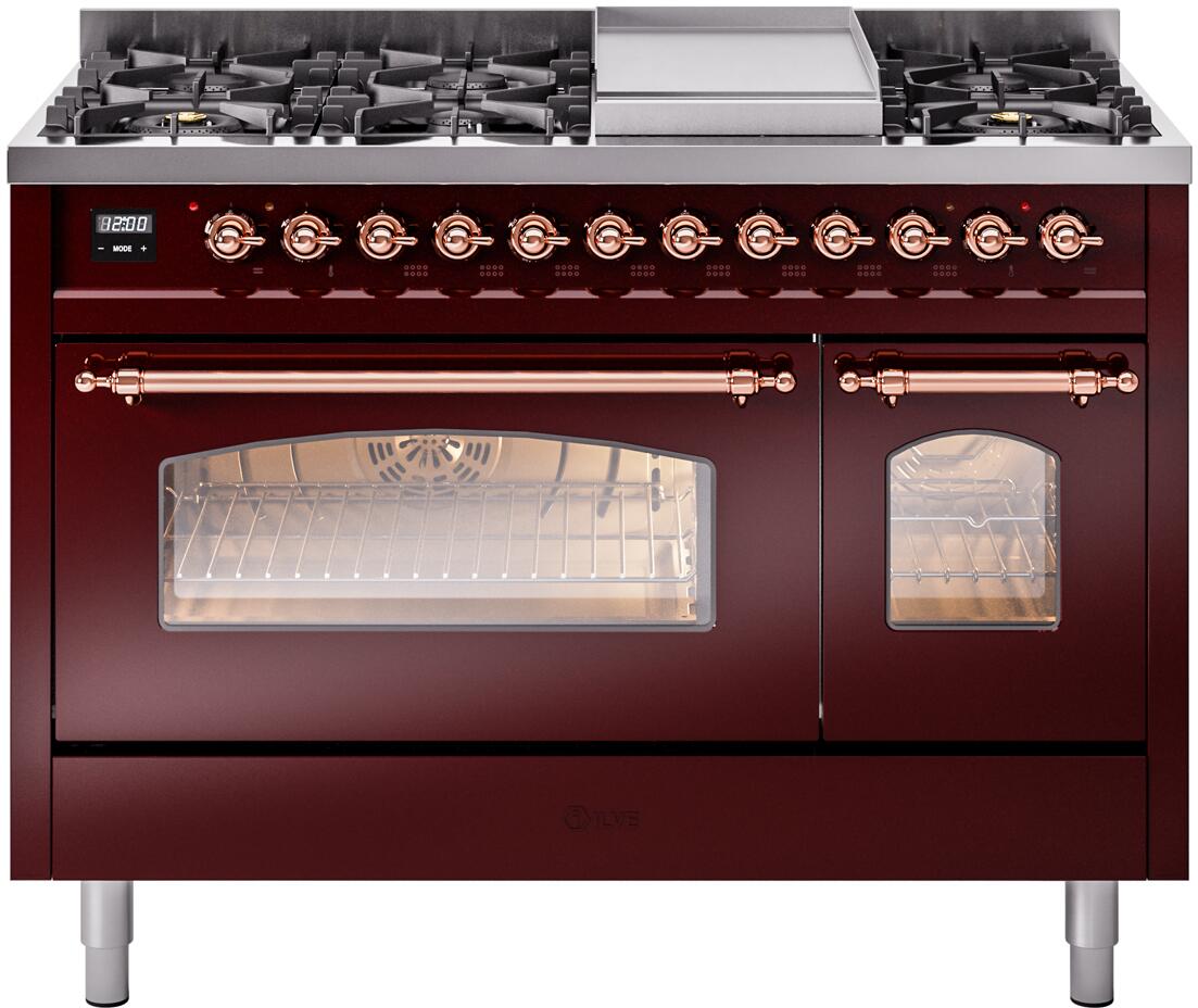 Nostalgie II 48 Inch Dual Fuel Natural Gas Freestanding Range in Burgundy with Copper Trim
