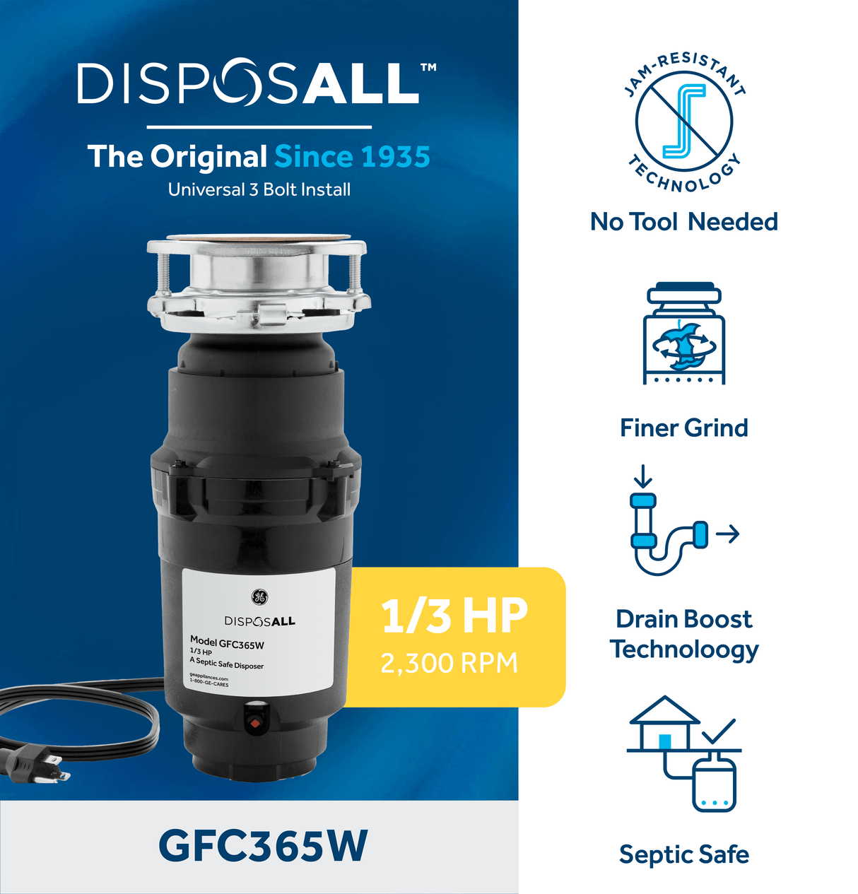 GE DISPOSALL® 1/3 HP Continuous Feed Garbage Disposer - Corded