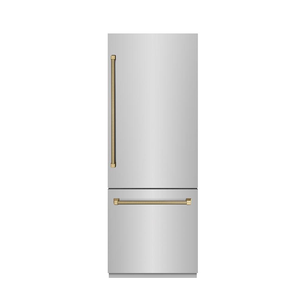 ZLINE Autograph Edition 30 in. 16.1 cu. ft. Built-In Bottom Freezer Refrigerator with Water Dispenser and Ice Maker in Stainless Steel with Graphite Gray Interior and Champagne Bronze Helix Handles (GRBIVZ-30430KCB)