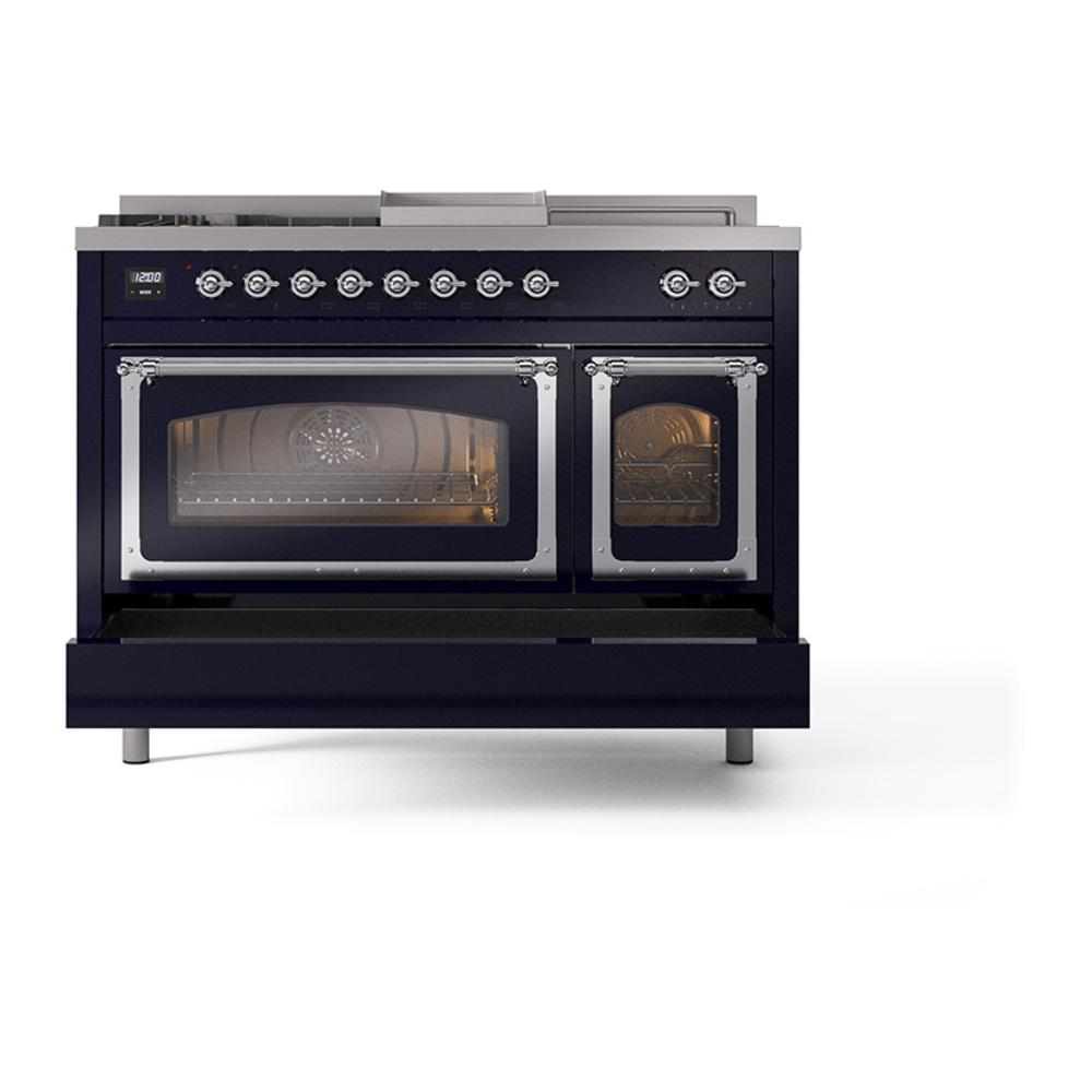 ILVE UN48FSNMPMBC Nostalgie II Noblesse 48 inch Dual Fuel Range (5 Sealed Burners + Griddle + French Top, Natural Gas, Triple Glass Door, Midnight Blue, Chrome)