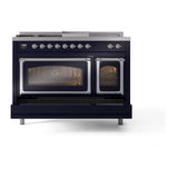 ILVE UN48FSNMPMBC Nostalgie II Noblesse 48 inch Dual Fuel Range (5 Sealed Burners + Griddle + French Top, Natural Gas, Triple Glass Door, Midnight Blue, Chrome)