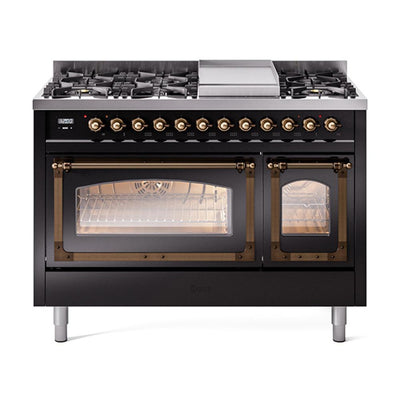 ILVE UN48FNMPBKBLP Nostalgie II Noblesse 48 inch Dual Fuel Range (8 Sealed Burners + Griddle, Liquid Propane, Triple Glass Door, Glossy Black, Burnished)