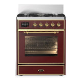 ILVE UM30NR3BUGLP Majestic III 30 inch Dual Fuel Range with 5 Black Brass Burners, Dual Function Burner up to 25,000 BTU (Liquid Propane, Triple Glass Door, Burgundy, Brass)