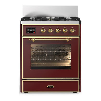 ILVE UM30NR3BUGLP Majestic III 30 inch Dual Fuel Range with 5 Black Brass Burners, Dual Function Burner up to 25,000 BTU (Liquid Propane, Triple Glass Door, Burgundy, Brass)