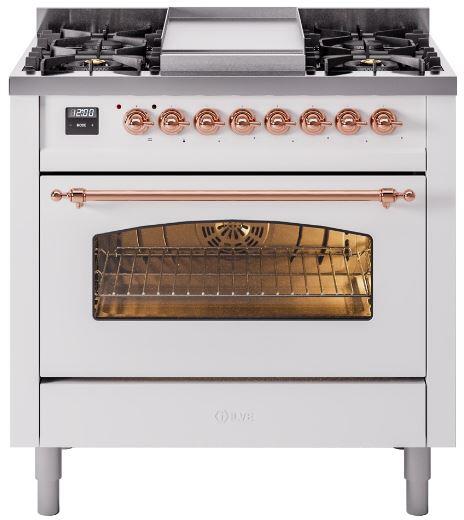 Nostalgie II 36 Inch Dual Fuel Liquid Propane Freestanding Range in White with Copper Trim